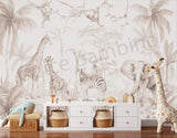Children's room with Safari-themed wallpaper, furniture, and toys.