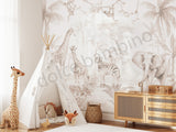 Children's room with Safari-themed wallpaper, toys, and furniture.