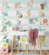 Educational alphabet wallpaper for kids featuring animals, letters, and pastel striped background by Dolce Bambino.