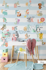Educational alphabet wallpaper for kids featuring animals, letters, and pastel striped background by Dolce Bambino.
