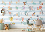 Educational alphabet wallpaper for kids featuring animals, letters, and pastel striped background by Dolce Bambino.