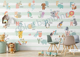 Educational alphabet wallpaper for kids featuring animals, letters, and pastel striped background by Dolce Bambino.