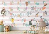 Educational alphabet wallpaper for kids featuring animals, letters, and pastel striped background by Dolce Bambino.