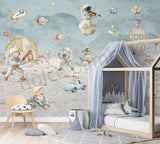 Children's room with space-themed wallpaper featuring astronauts and space elements.