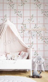 Children's bedroom with floral wallpaper, canopy bed, and stuffed toys.