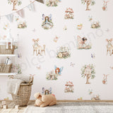 Children's room with fairy tale wallpaper on a white wall.