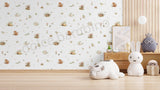 Woodland nursery wallpaper with cute forest animals, soft botanical details, and calming neutral tones by Dolce Bambino.