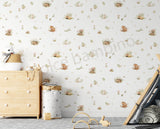 Woodland nursery wallpaper with cute forest animals, soft botanical details, and calming neutral tones by Dolce Bambino.