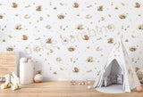 Woodland nursery wallpaper with cute forest animals, soft botanical details, and calming neutral tones by Dolce Bambino.