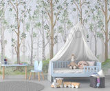 A nursery room with a crib, white furniture, and a wall mural featuring green birch trees.
