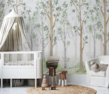 A nursery room with a crib, white furniture, and a wall mural featuring green birch trees.