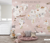Children's room featuring a colorful world map wallpaper with illustrations of animals and vehicles. A wooden dresser and a canvas storage basket are visible in the room.