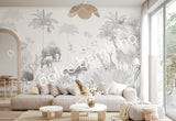 A room with a mighty jungle - monotone wall mural depicting a jungle scene with an elephant, giraffe, zebra, and flamingos in gray tones.