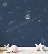 A space themed wallpaper featuring a deep blue celestial scene with illustrations of planets, a spaceship, and stars.