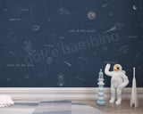A space themed wallpaper featuring a deep blue celestial scene with illustrations of planets, a spaceship, and stars.