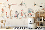 Rope Carnival wallpaper mural featuring elephants, giraffes, rabbits and mice performing carnival acts in a whimsical children's bedroom.