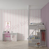 A children's bedroom interior featuring pink and white vertically striped wallpaper, a white loft bed with built-in stairs, a white desk with a pink chair, and a lavender accent wall.
