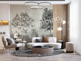 Modern living room styled with Dolce Bambino’s Lush Forest wallpaper featuring elegant forest scenery and nature-inspired details.