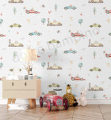 A wallpaper with a vibrant pattern of sports cars and jungle animals in a playful design.