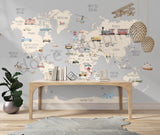 World map wallpaper in a Living room with a table and decorative items.