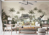 A room with walls covered in a vintage style wallpaper featuring lush trees and a serene landscape, with a modern armchair and bookshelf visible.