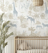 Nursery with animal-themed wallpaper, crib, and decorative plants.