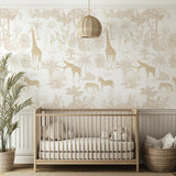 Nursery room with crib, patterned wallpaper, and decorative elements.
