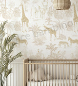 Children's room with safari-themed wallpaper, crib, and decorative elements.