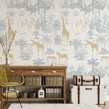 Room interior with a wallpaper with animal patterns wooden furniture, wicker chair, and decorative items.