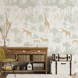 Room interior with animal patterns wallpaper,wooden console table, wicker chair, and decorative items.