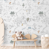 A wallpaper featuring characters from Winnie the Pooh in a forest setting,with a fancy chair,and storage basket.