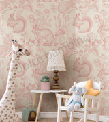A Kids room featuring a whimsical wallpaper with animal illustrations in a pastel color palette.