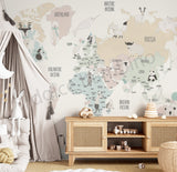Pastel world map wallpaper for kids room with animals and continents