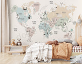 Scandinavian style world map wallpaper for nursery