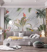 A room with a wall covered in 'Tropical Birds' wallpaper featuring green trees and colorful birds, with a grey and white patterned background.