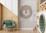 A hand-drawn cartoon image of a lion on a wall mural, designed for use in children's room decor.