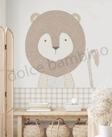 A hand-drawn cartoon image of a lion on a wall mural, designed for use in children's room decor.