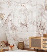 Children's room with safari-themed wallpaper, furniture, and decor.