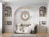 A hand-drawn cartoon image of a lion on a wall mural, designed for use in children's room decor.