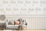 Living room with a sofa, coffee table, and decorative elements against a elephant pattern wallpapered wall.