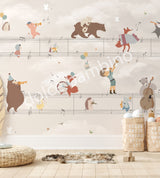 A wall mural featuring various cartoon animals playing musical instruments, with a musical staff background.