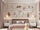 A wall mural featuring various cartoon animals playing musical instruments, with a musical staff background.