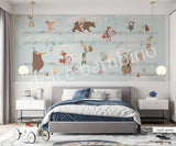 A wall mural featuring various cartoon animals playing musical instruments, with a musical staff background.