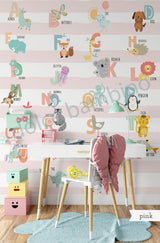 Educational alphabet wallpaper for kids featuring animals, letters, and pastel striped background by Dolce Bambino.