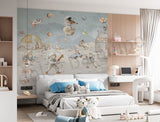 Children's bedroom with a large wall mural of space-themed children playing.