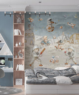 Children's bedroom with space-themed wall mural and bookshelf.