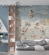 Children's room with astronaut-themed wallpaper and bookshelf.
