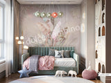 A section of wallpaper with a floral pattern featuring banana leaves in pink and green shades, and coconut tree leaves in the background, applied on a wall in a living room setting.