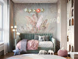 A section of wallpaper with a floral pattern featuring banana leaves in pink and green shades, and coconut tree leaves in the background, applied on a wall in a living room setting.