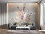 A section of wallpaper with a floral pattern featuring banana leaves in pink and green shades, and coconut tree leaves in the background, applied on a wall in a living room setting.